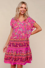 Load image into Gallery viewer, Boho Love Fuchsia Floral Print V Neck Dolman Sleeve Dress