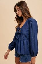 Load image into Gallery viewer, Tie Front Peplum Long Sleeve Denim Top in Navy