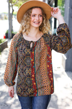 Load image into Gallery viewer, Weekend Ready Black & Rust Paisley Raglan Keyhole Tie Top