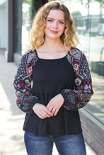 Load image into Gallery viewer, Charming Black Square Neck Border Print Bubble Sleeve Top