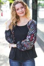 Load image into Gallery viewer, Charming Black Square Neck Border Print Bubble Sleeve Top