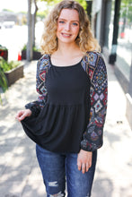 Load image into Gallery viewer, Charming Black Square Neck Border Print Bubble Sleeve Top