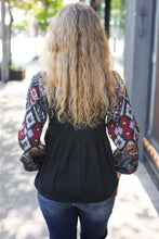 Load image into Gallery viewer, Charming Black Square Neck Border Print Bubble Sleeve Top