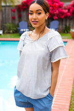 Load image into Gallery viewer, Lovely In Gray Stripe Tiered Ruffle Sleeve Ric Rac Trim Top