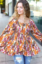 Load image into Gallery viewer, Fall in Love Taupe & Rust Floral Print Babydoll Bubble Sleeve Top