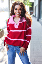 Load image into Gallery viewer, Fall For You Stripe Notched Neck Collared Oversized Sweater in Crimson