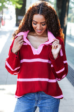 Load image into Gallery viewer, Fall For You Stripe Notched Neck Collared Oversized Sweater in Crimson