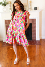 Load image into Gallery viewer, Be Charming Lime & Pink Floral Print Tiered Ruffle Sleeve Dress