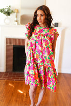Load image into Gallery viewer, Be Charming Lime & Pink Floral Print Tiered Ruffle Sleeve Dress