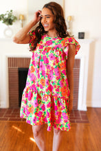 Load image into Gallery viewer, Be Charming Lime & Pink Floral Print Tiered Ruffle Sleeve Dress