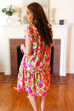 Load image into Gallery viewer, Be Charming Lime & Pink Floral Print Tiered Ruffle Sleeve Dress