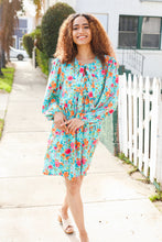 Load image into Gallery viewer, Feeling Femme Ribbon Bow Tie Babydoll Dress in Aqua Floral