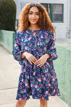Load image into Gallery viewer, Feeling Joyful Bow Tie Babydoll Long Ruffle Sleeve Dress in Navy Floral
