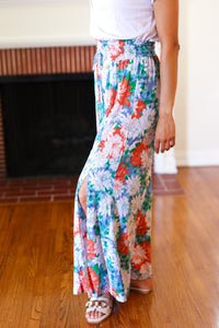 Vacay Vibes Smocked Waist Side Slit Palazzo Pants in Green Floral