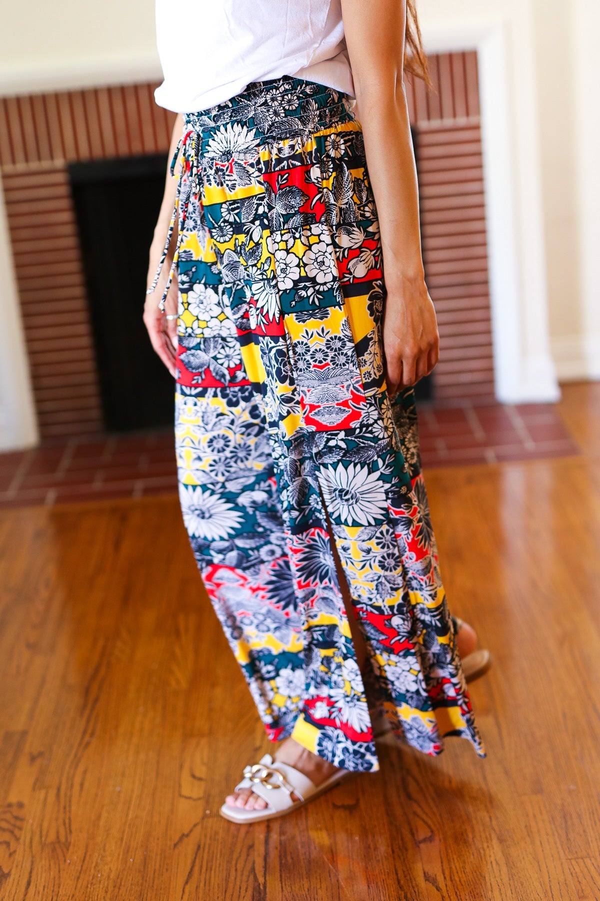 Vacay Vibes Smocked Waist Side Slit Palazzo Pants in Teal Floral