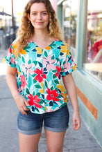 Load image into Gallery viewer, Teal &amp; Coral Flat Floral V Neck Top
