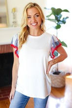 Load image into Gallery viewer, Patriotic Pom Pom Lace Flutter Sleeve Top