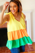Load image into Gallery viewer, Tiered Shoulder Tie Crepe Top in Yellow & Tangerine