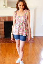 Load image into Gallery viewer, Summer Days Floral Smocked Shoulder Tie Top in Ivory & Fuchsia