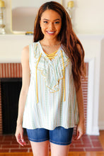 Load image into Gallery viewer, Mint Boho Vertical Stripe Laced Ruffle V Neck Top

