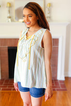 Load image into Gallery viewer, Mint Boho Vertical Stripe Laced Ruffle V Neck Top
