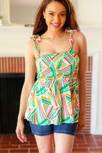 Load image into Gallery viewer, Sunny Days Geo Smocked Shoulder Tie Top in Orange & Green
