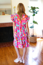 Load image into Gallery viewer, Look of Love Fuchsia Abstract Floral Print Smocked Ruffle Sleeve Dress