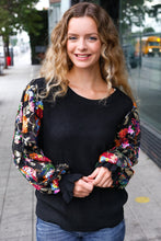 Load image into Gallery viewer, Diva Dreams Black Floral Sequin Mesh Sleeve Rib Knit Top