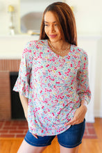 Load image into Gallery viewer, Feeling It Blue Floral Print Ruffle Three Quarter Sleeve Top
