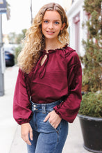 Load image into Gallery viewer, Holiday Vibes Frill Detail Tie Neck Satin Top in Burgundy