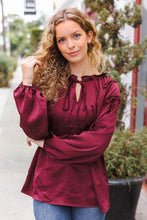 Load image into Gallery viewer, Holiday Vibes Frill Detail Tie Neck Satin Top in Burgundy