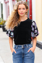 Load image into Gallery viewer, Feeling Glamorous Black Floral Sequin Puff Sleeve Velvet Top