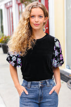 Load image into Gallery viewer, Feeling Glamorous Black Floral Sequin Puff Sleeve Velvet Top