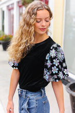 Load image into Gallery viewer, Feeling Glamorous Black Floral Sequin Puff Sleeve Velvet Top