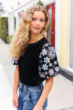 Load image into Gallery viewer, Feeling Glamorous Black Floral Sequin Puff Sleeve Velvet Top