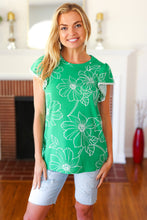 Load image into Gallery viewer, Follow Me Floral Ric Rac Trim Flutter Sleeve Top in Emerald