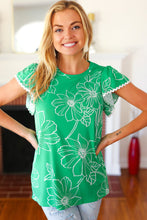 Load image into Gallery viewer, Follow Me Floral Ric Rac Trim Flutter Sleeve Top in Emerald