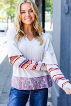 Load image into Gallery viewer, Boho Energy Taupe Stripe & Paisley Twofer Terry Top
