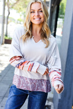 Load image into Gallery viewer, Boho Energy Taupe Stripe & Paisley Twofer Terry Top