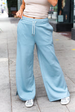Load image into Gallery viewer, Weekend Ready Scuba Knit Drawstring Wide Leg Pants in Blue Grey