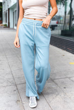 Load image into Gallery viewer, Weekend Ready Scuba Knit Drawstring Wide Leg Pants in Blue Grey