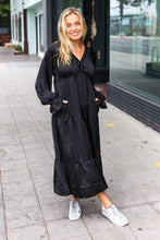 Load image into Gallery viewer, Elegant Elastic V Neck Tiered Satin Maxi Dress in Black