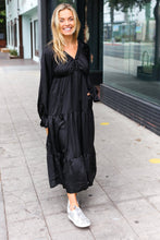 Load image into Gallery viewer, Elegant Elastic V Neck Tiered Satin Maxi Dress in Black