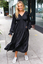 Load image into Gallery viewer, Elegant Elastic V Neck Tiered Satin Maxi Dress in Black