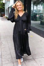 Load image into Gallery viewer, Elegant Elastic V Neck Tiered Satin Maxi Dress in Black