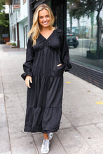 Load image into Gallery viewer, Elegant Elastic V Neck Tiered Satin Maxi Dress in Black