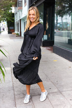 Load image into Gallery viewer, Elegant Elastic V Neck Tiered Satin Maxi Dress in Black