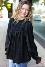Load image into Gallery viewer, Be Your Best Satin Shirred Yoke Frilled Mock Neck Top in Black