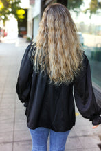 Load image into Gallery viewer, Be Your Best Satin Shirred Yoke Frilled Mock Neck Top in Black