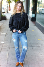 Load image into Gallery viewer, Be Your Best Satin Shirred Yoke Frilled Mock Neck Top in Black
